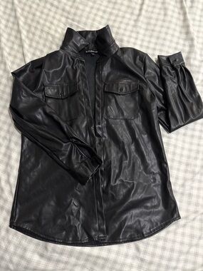 Faux Leather Black Shirt Jacket - EffyBear